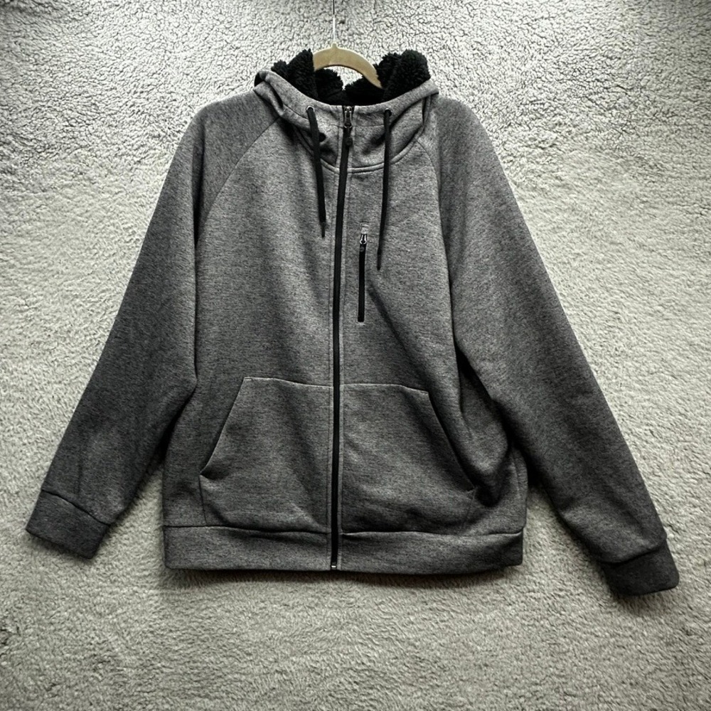 32 Degrees Heat Men's Large Sherpa Lined Full Zip Hoodie Jacket Gray Warm Winter